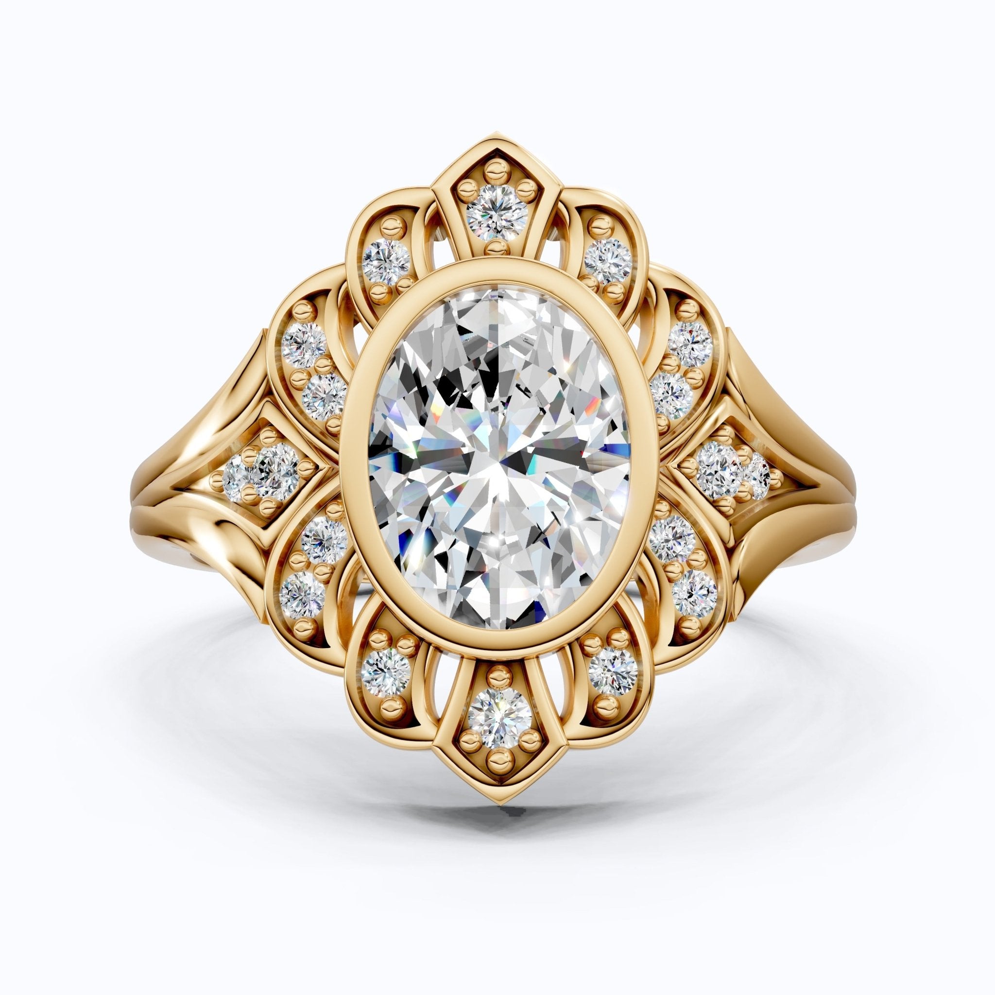 Vintage Floral Halo Wedding Ring in Lab Grown Diamond – Solid 9k/14k Gold or Sterling Silver Engagement Ring Bridal Jewelry Gift for Wife, Handmade Jewelry - Shoora Designs