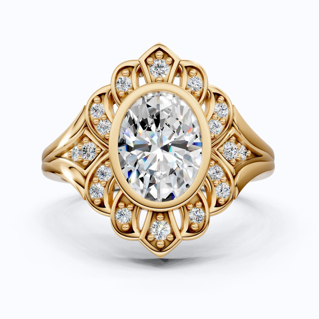 Vintage Floral Halo Wedding Ring in Lab Grown Diamond – Solid 9k/14k Gold or Sterling Silver Engagement Ring Bridal Jewelry Gift for Wife, Handmade Jewelry - Shoora Designs