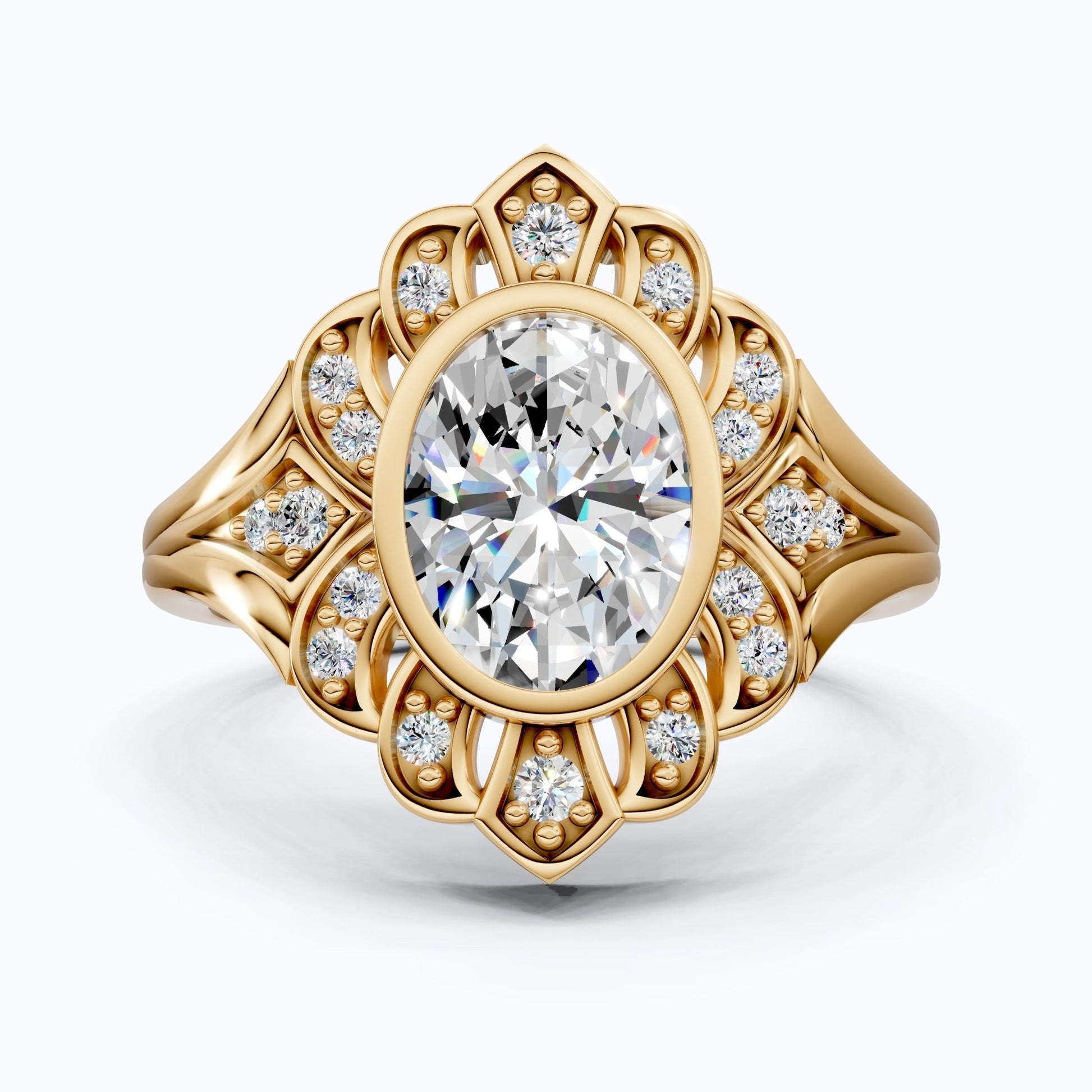 Vintage Floral Halo Wedding Ring in Lab Grown Diamond – Solid 9k/14k Gold or Sterling Silver Engagement Ring Bridal Jewelry Gift for Wife, Handmade Jewelry - Shoora Designs