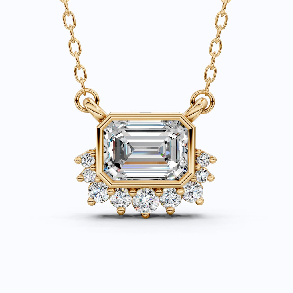 Vintage Inspired Emerald Cut Sunburst Wedding Pendant Necklace in 14k Solid Gold, 1.00 CT Emerald Cut Lab Grown Diamond, Unique Gift for Her, Bridal Jewelry - Shoora Designs