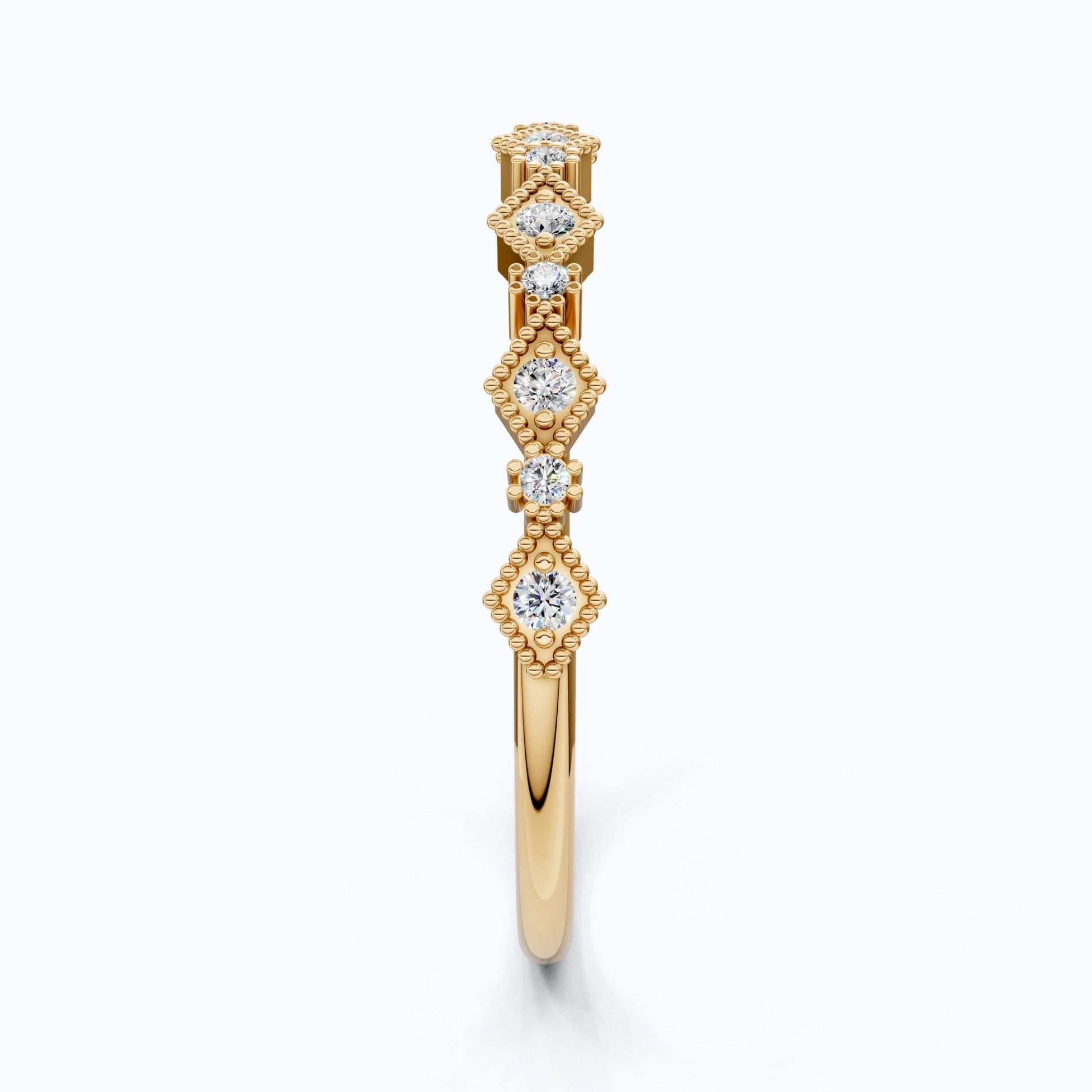 Vintage - Inspired Geometric Milgrain Wedding Band in 14K Solid Gold, 0.10 TCW Round Cut Lab Created Diamond, Stacker Gift For Her - Shoora Designs