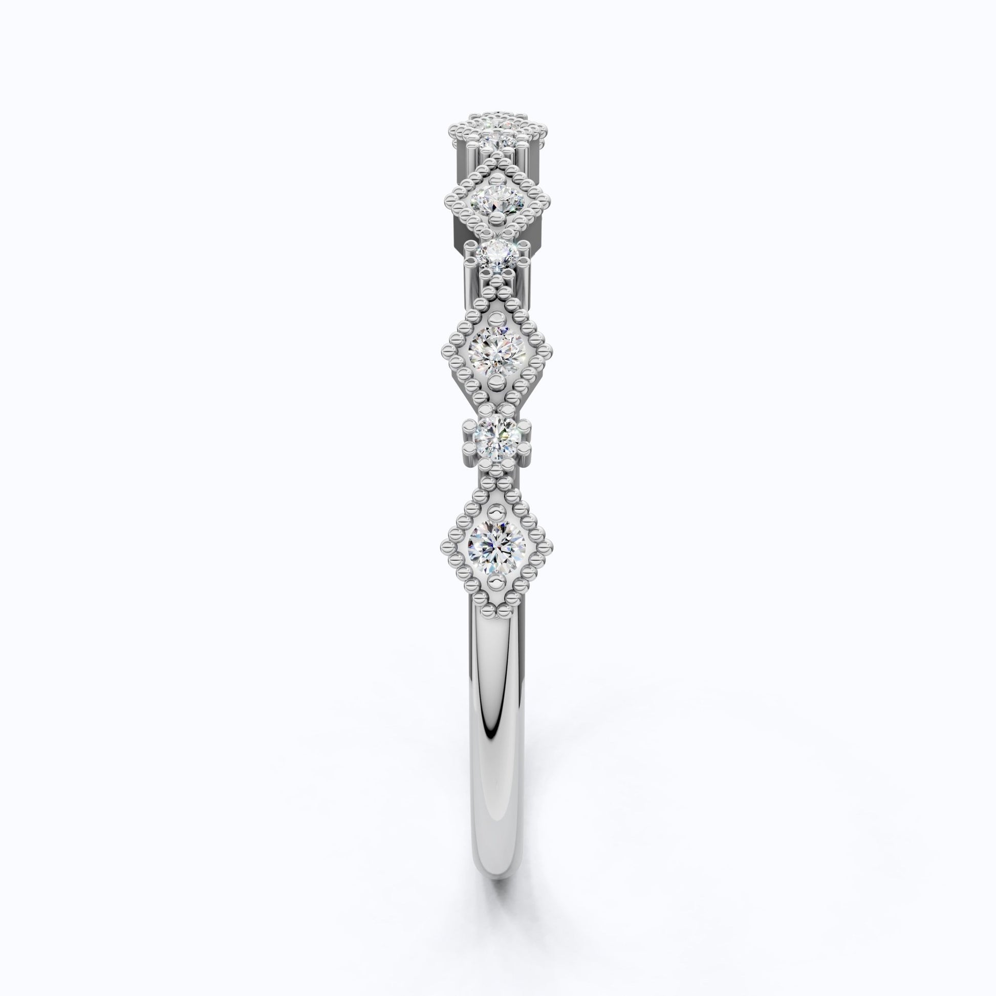 Vintage - Inspired Geometric Milgrain Wedding Band in 14K Solid Gold, 0.10 TCW Round Cut Lab Created Diamond, Stacker Gift For Her - Shoora Designs