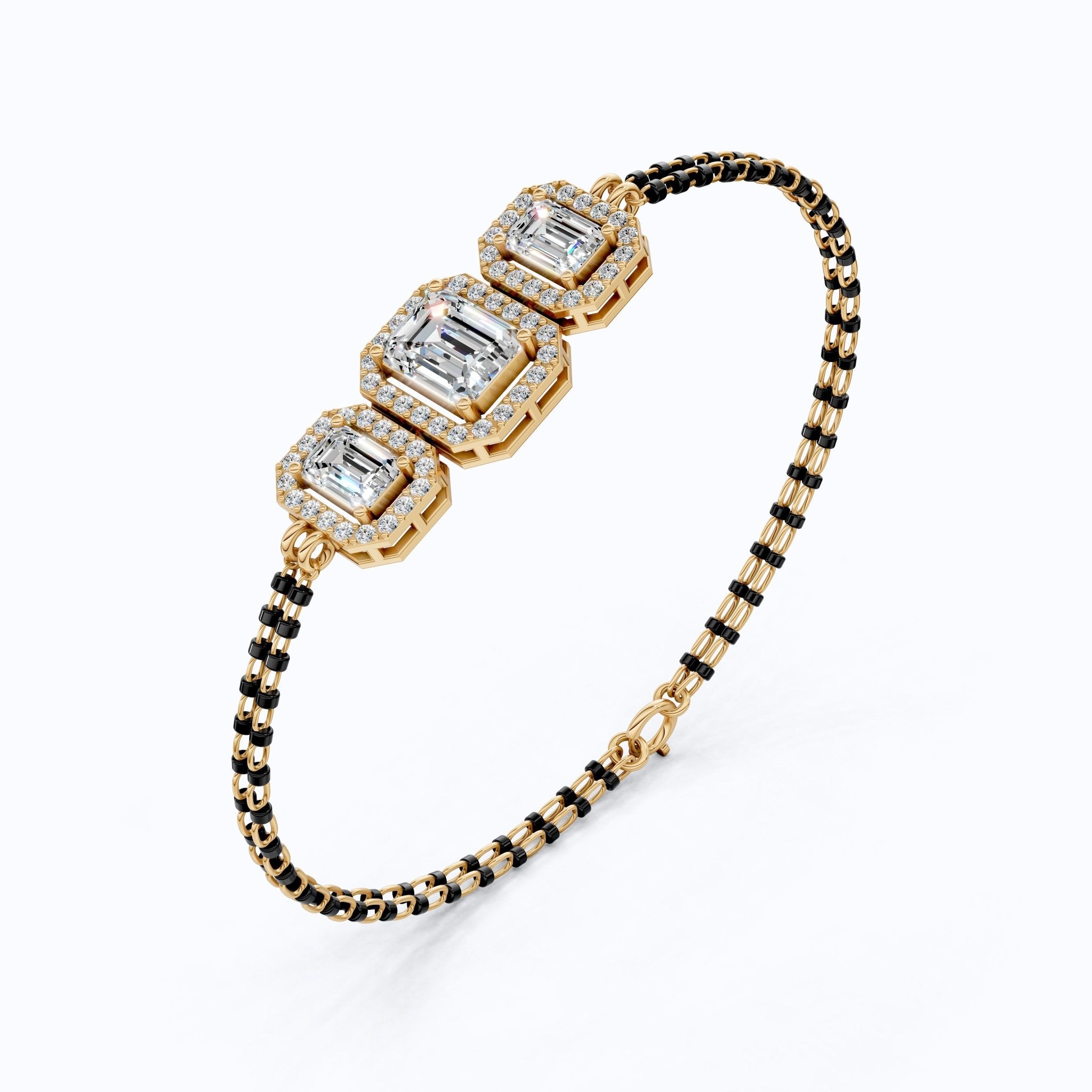 Vintage Inspired Halo Emerald Cut Triple Stone Mangalsutra Bracelet in 14K Solid Gold, 2.75 TCW Emerald Cut Lab Created Diamond, Party Wear Jewelry - Shoora Designs