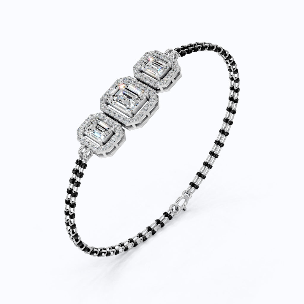 Vintage Inspired Halo Emerald Cut Triple Stone Mangalsutra Bracelet in 14K Solid Gold, 2.75 TCW Emerald Cut Lab Created Diamond, Party Wear Jewelry - Shoora Designs