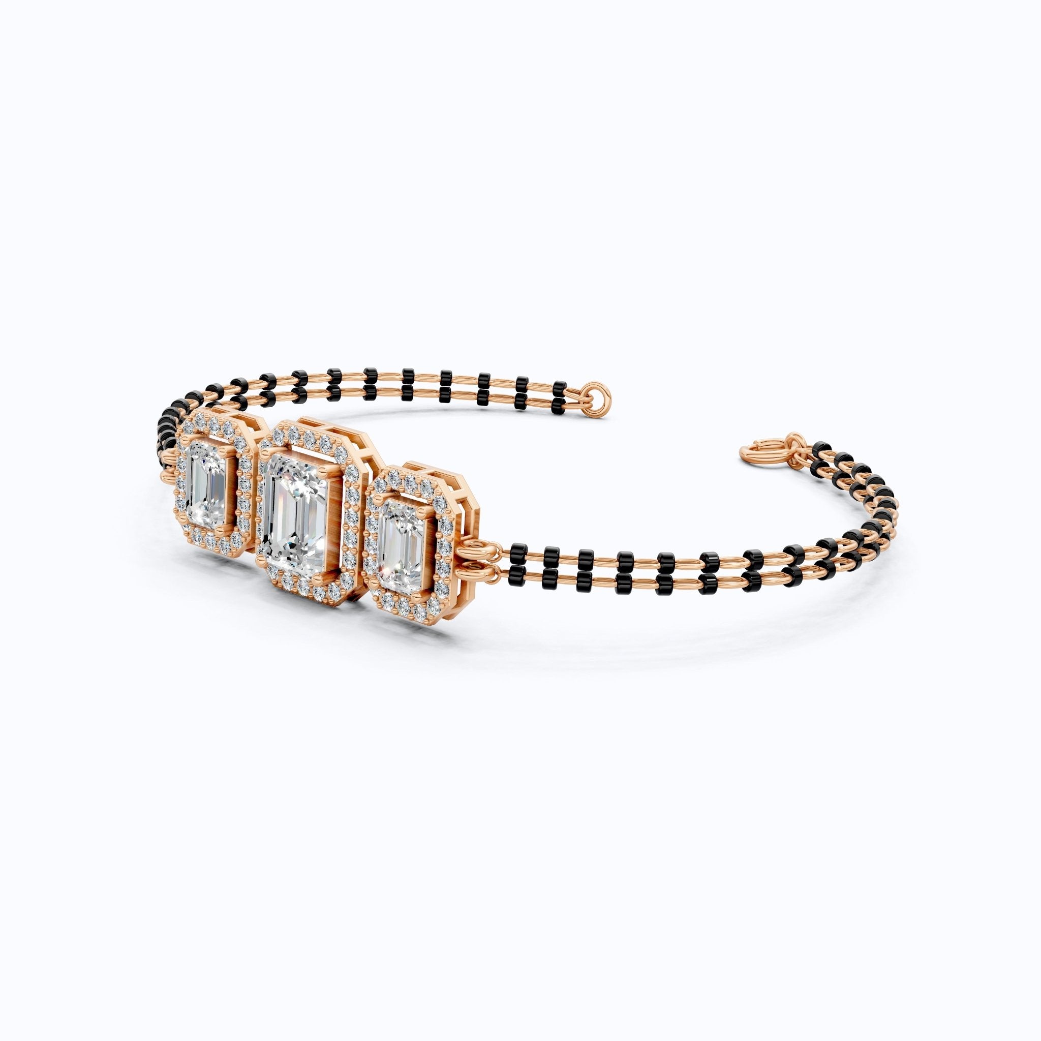 Vintage Inspired Halo Emerald Cut Triple Stone Mangalsutra Bracelet in 14K Solid Gold, 2.75 TCW Emerald Cut Lab Created Diamond, Party Wear Jewelry - Shoora Designs
