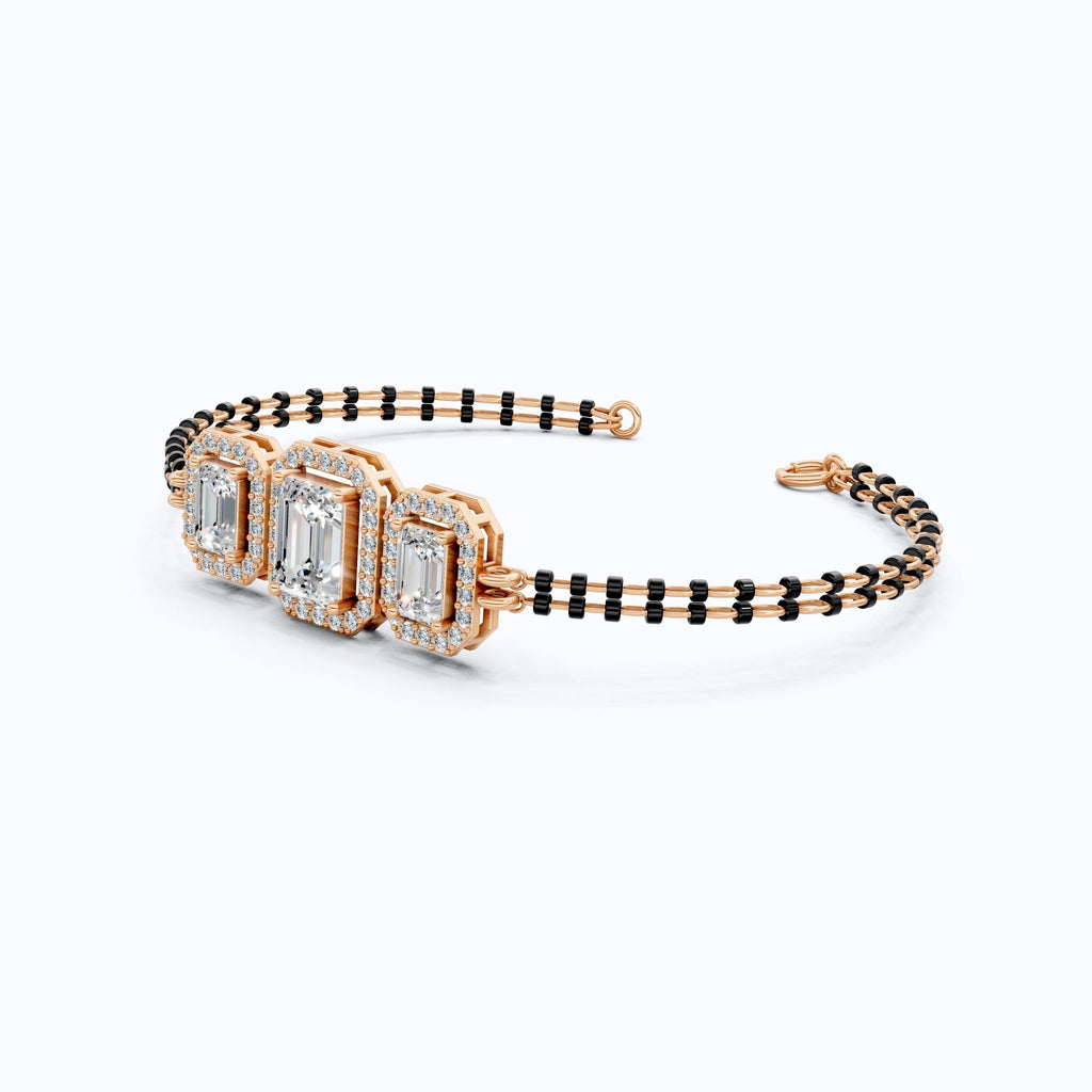 Vintage Inspired Halo Emerald Cut Triple Stone Mangalsutra Bracelet in 14K Solid Gold, 2.75 TCW Emerald Cut Lab Created Diamond, Party Wear Jewelry - Shoora Designs