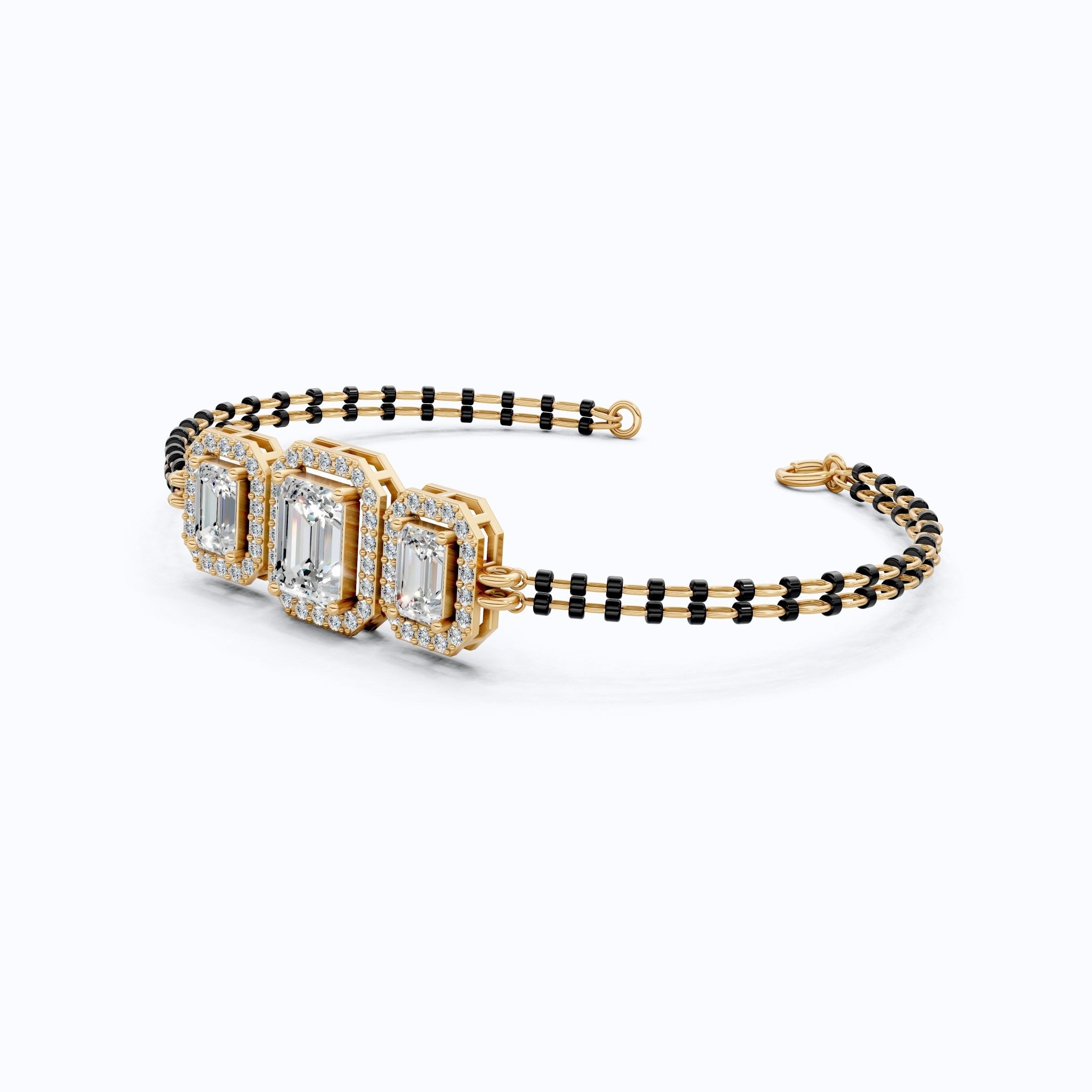 Vintage Inspired Halo Emerald Cut Triple Stone Mangalsutra Bracelet in 14K Solid Gold, 2.75 TCW Emerald Cut Lab Created Diamond, Party Wear Jewelry - Shoora Designs
