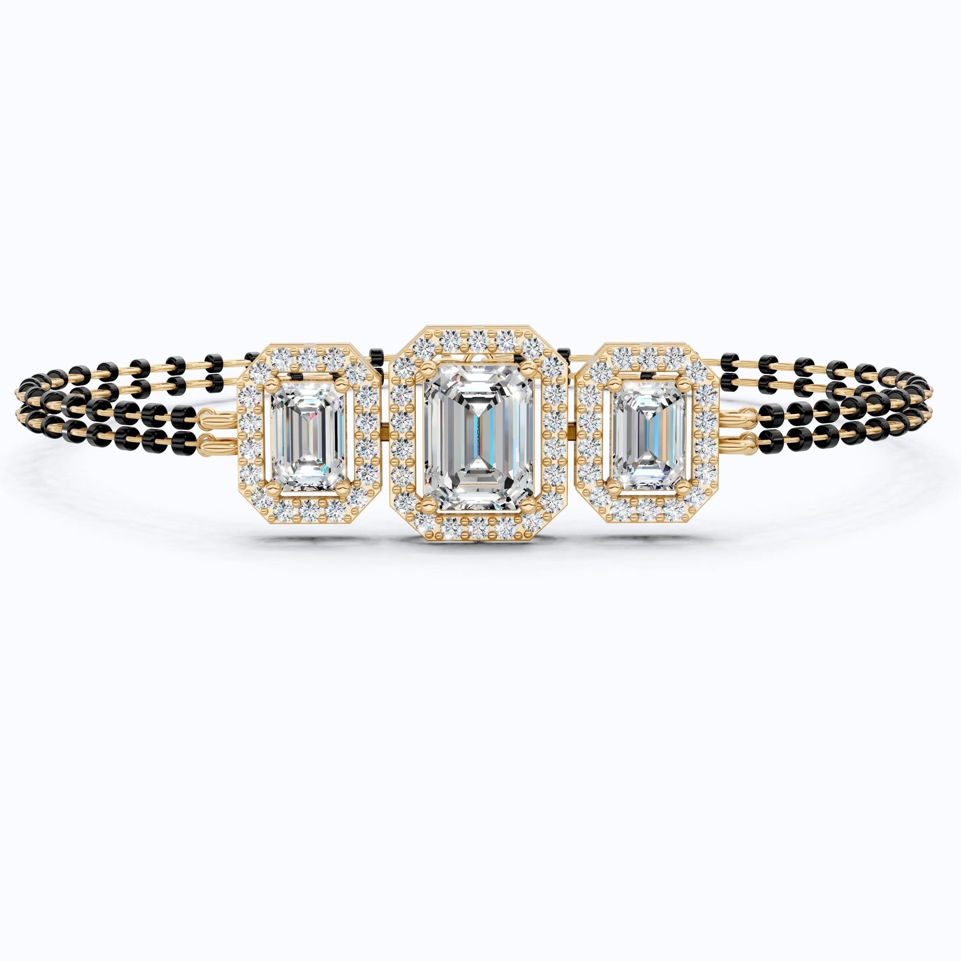 Vintage Inspired Halo Emerald Cut Triple Stone Mangalsutra Bracelet in 14K Solid Gold, 2.75 TCW Emerald Cut Lab Created Diamond, Party Wear Jewelry - Shoora Designs