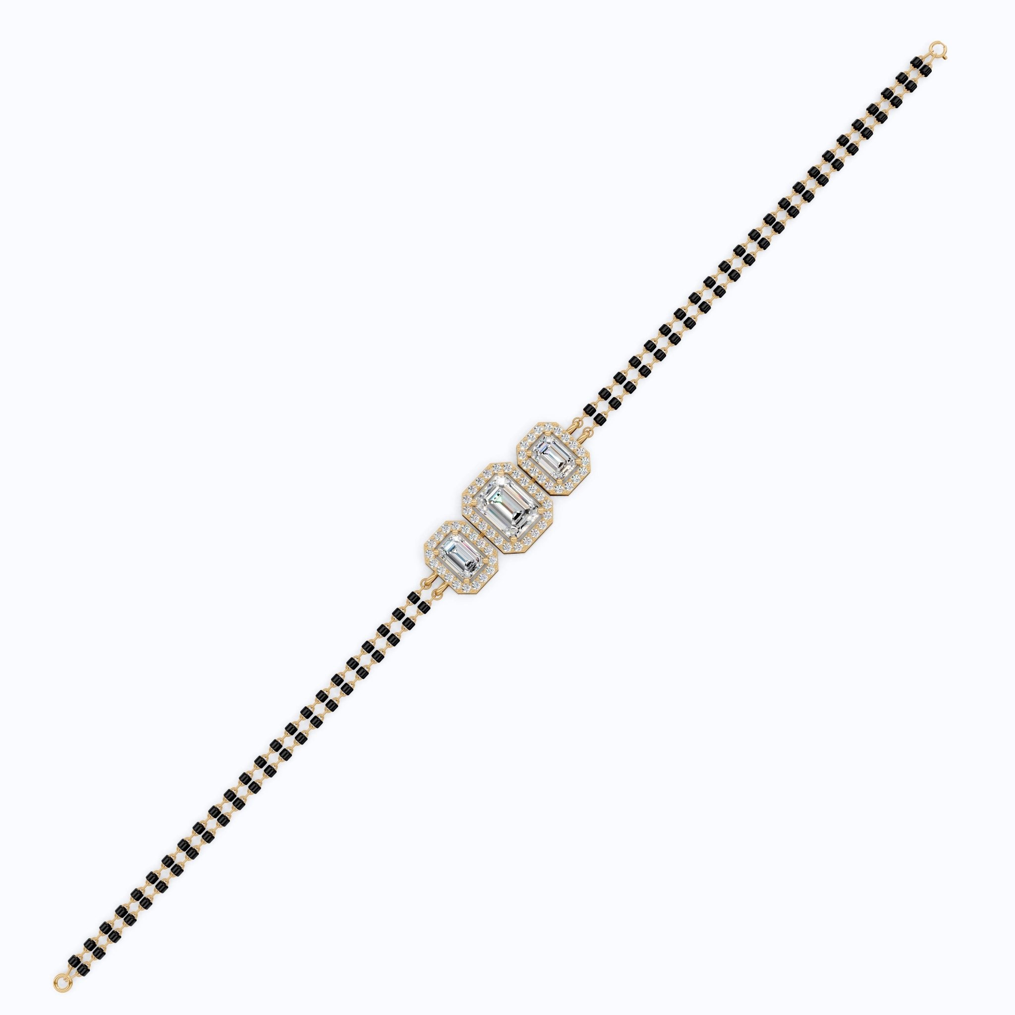 Vintage Inspired Halo Emerald Cut Triple Stone Mangalsutra Bracelet in 14K Solid Gold, 2.75 TCW Emerald Cut Lab Created Diamond, Party Wear Jewelry - Shoora Designs