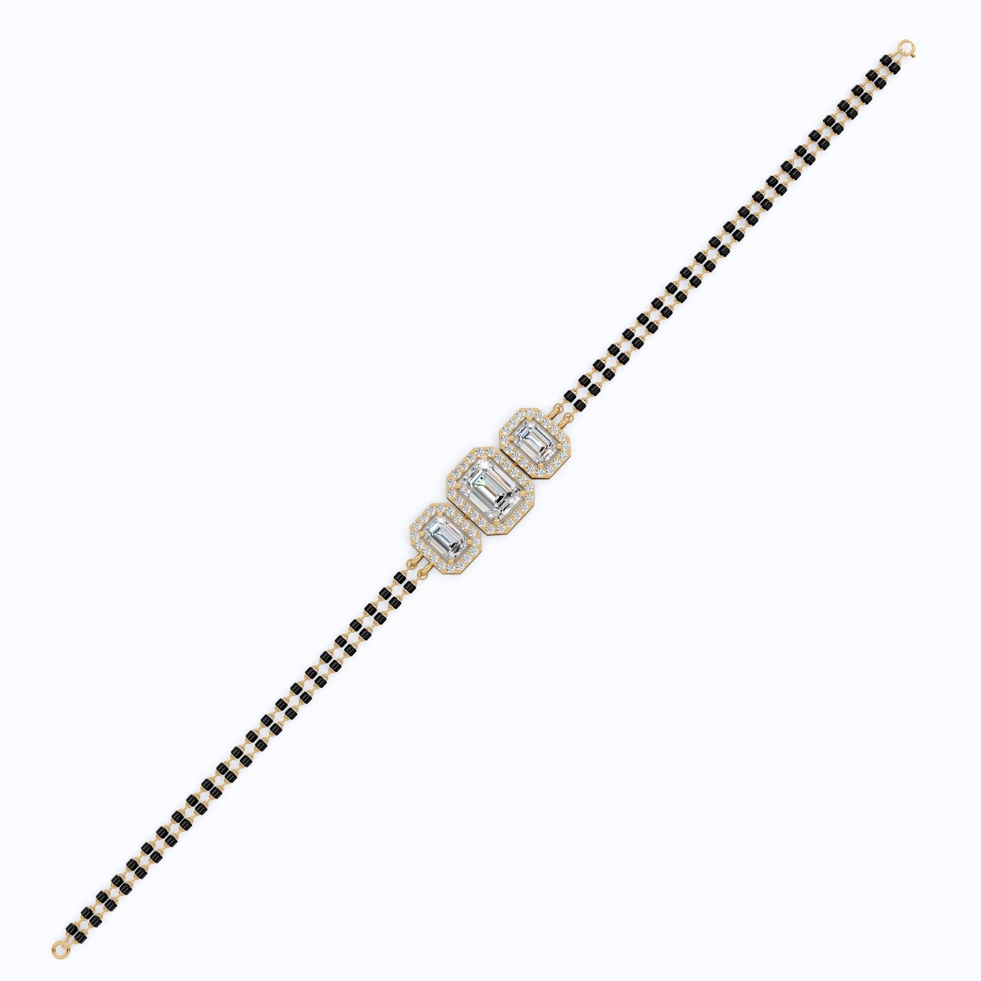 Vintage Inspired Halo Emerald Cut Triple Stone Mangalsutra Bracelet in 14K Solid Gold, 2.75 TCW Emerald Cut Lab Created Diamond, Party Wear Jewelry - Shoora Designs