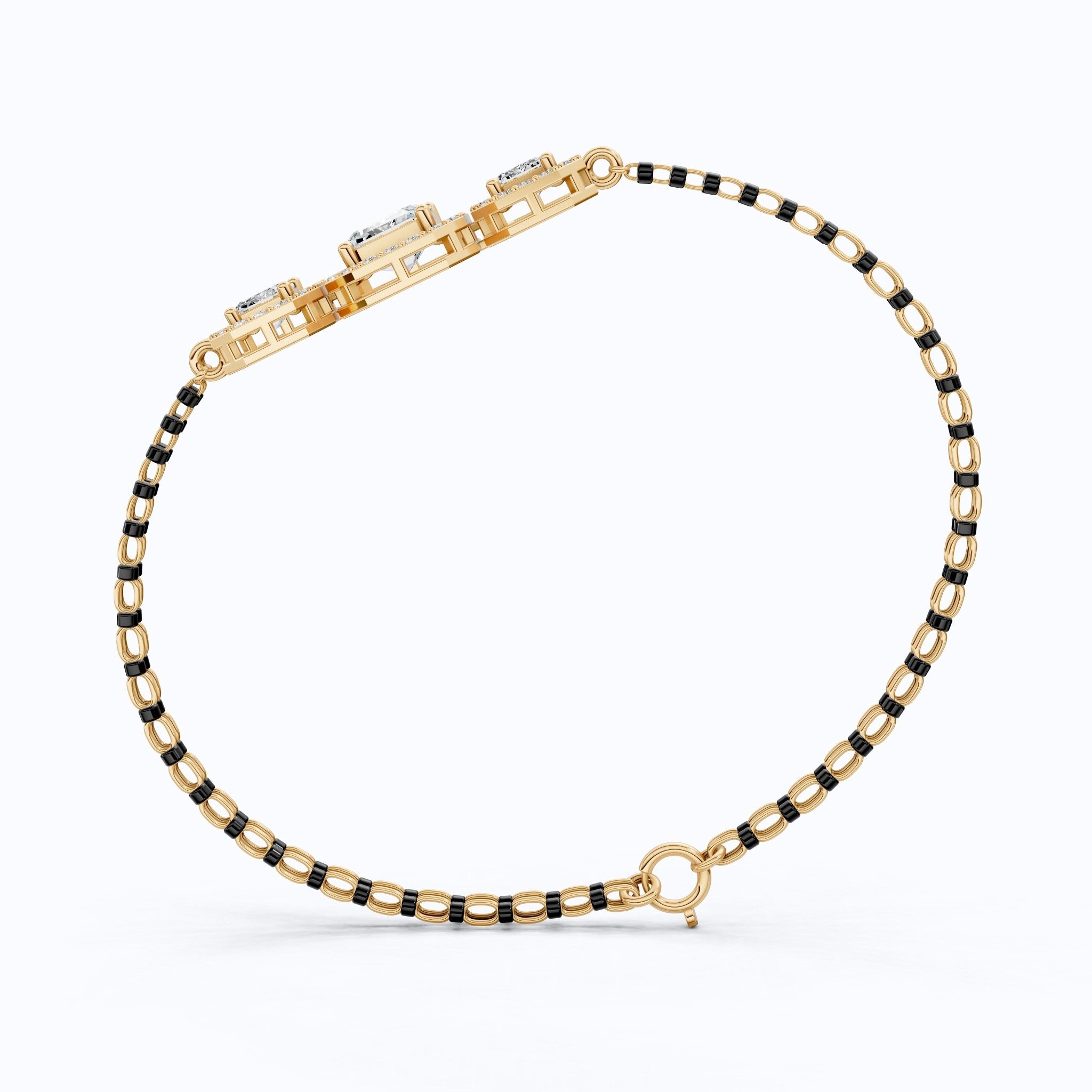 Vintage Inspired Halo Emerald Cut Triple Stone Mangalsutra Bracelet in 14K Solid Gold, 2.75 TCW Emerald Cut Lab Created Diamond, Party Wear Jewelry - Shoora Designs