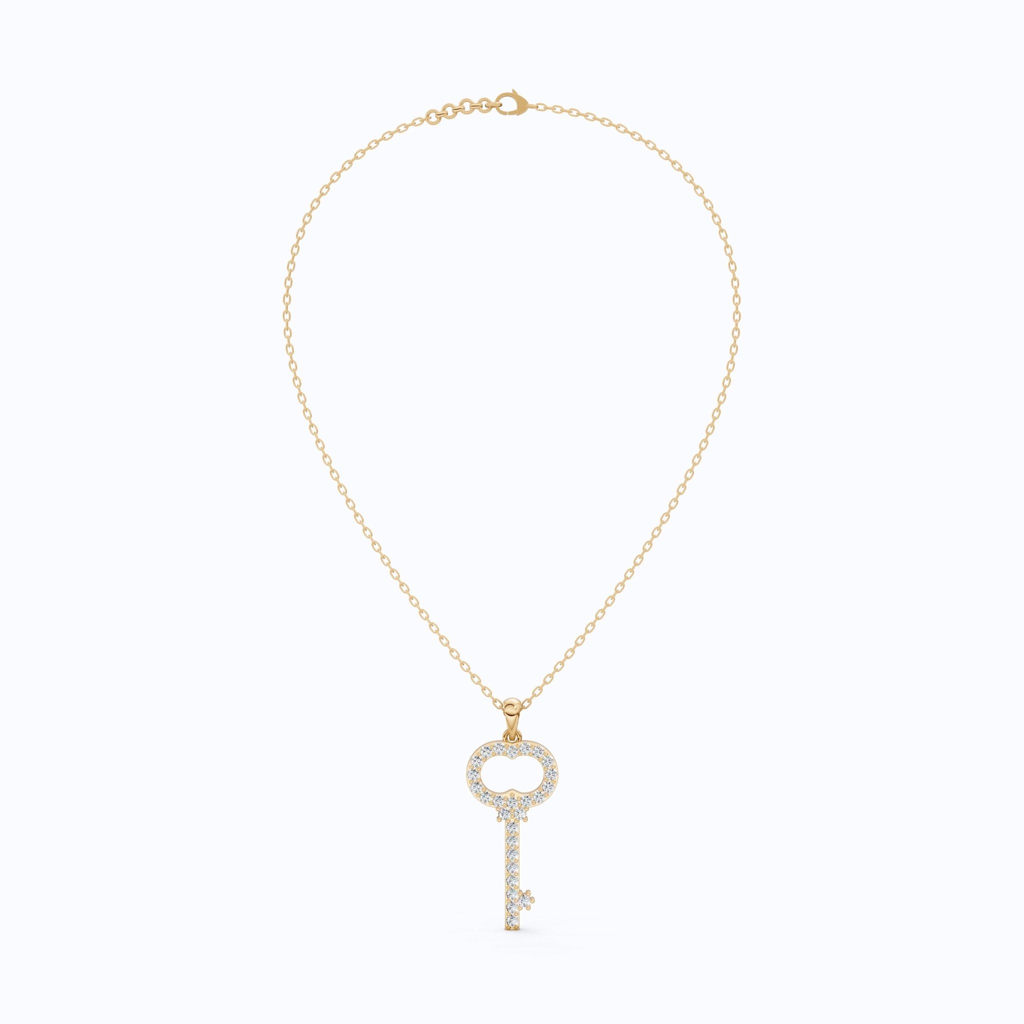 Vintage Pavé Key Shape Daily Wear Pendant in Lab Grown Diamond - 14k Solid Gold, Everyday Jewelry, Special Gift for Women - Shoora Designs