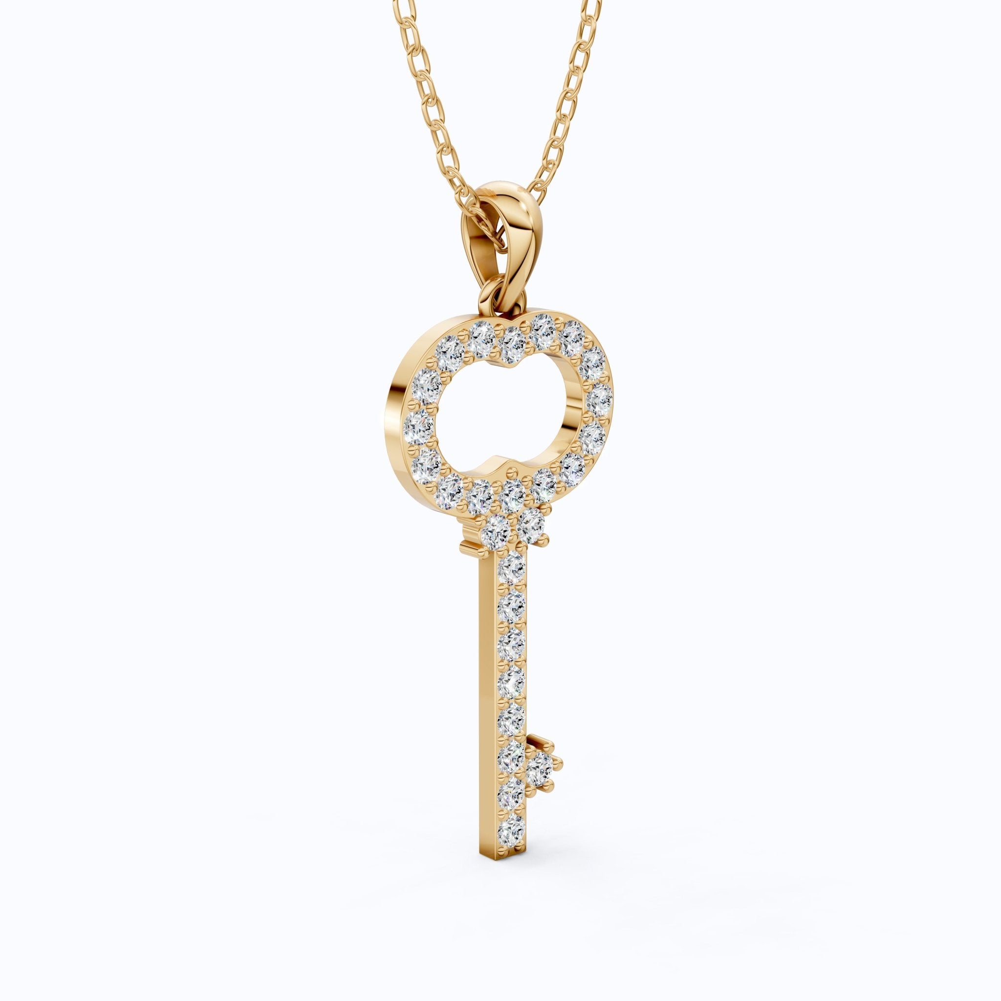 Vintage Pavé Key Shape Daily Wear Pendant in Lab Grown Diamond - 14k Solid Gold, Everyday Jewelry, Special Gift for Women - Shoora Designs