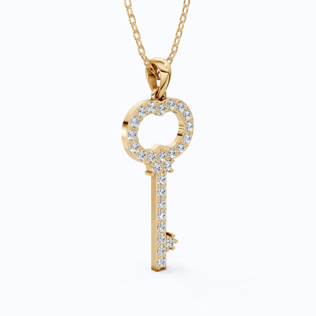 Vintage Pavé Key Shape Daily Wear Pendant in Lab Grown Diamond - 14k Solid Gold, Everyday Jewelry, Special Gift for Women - Shoora Designs
