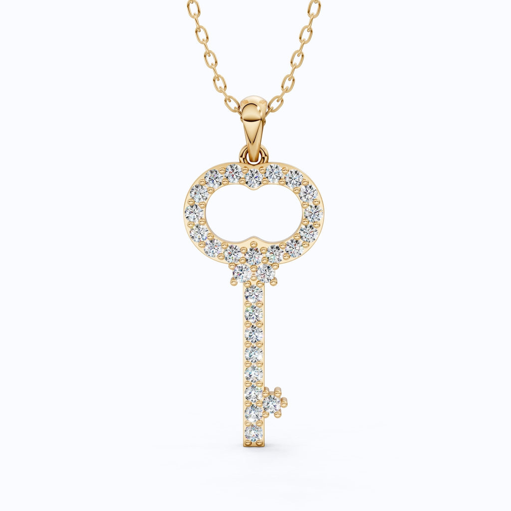 Vintage Pavé Key Shape Daily Wear Pendant in Lab Grown Diamond - 14k Solid Gold, Everyday Jewelry, Special Gift for Women - Shoora Designs
