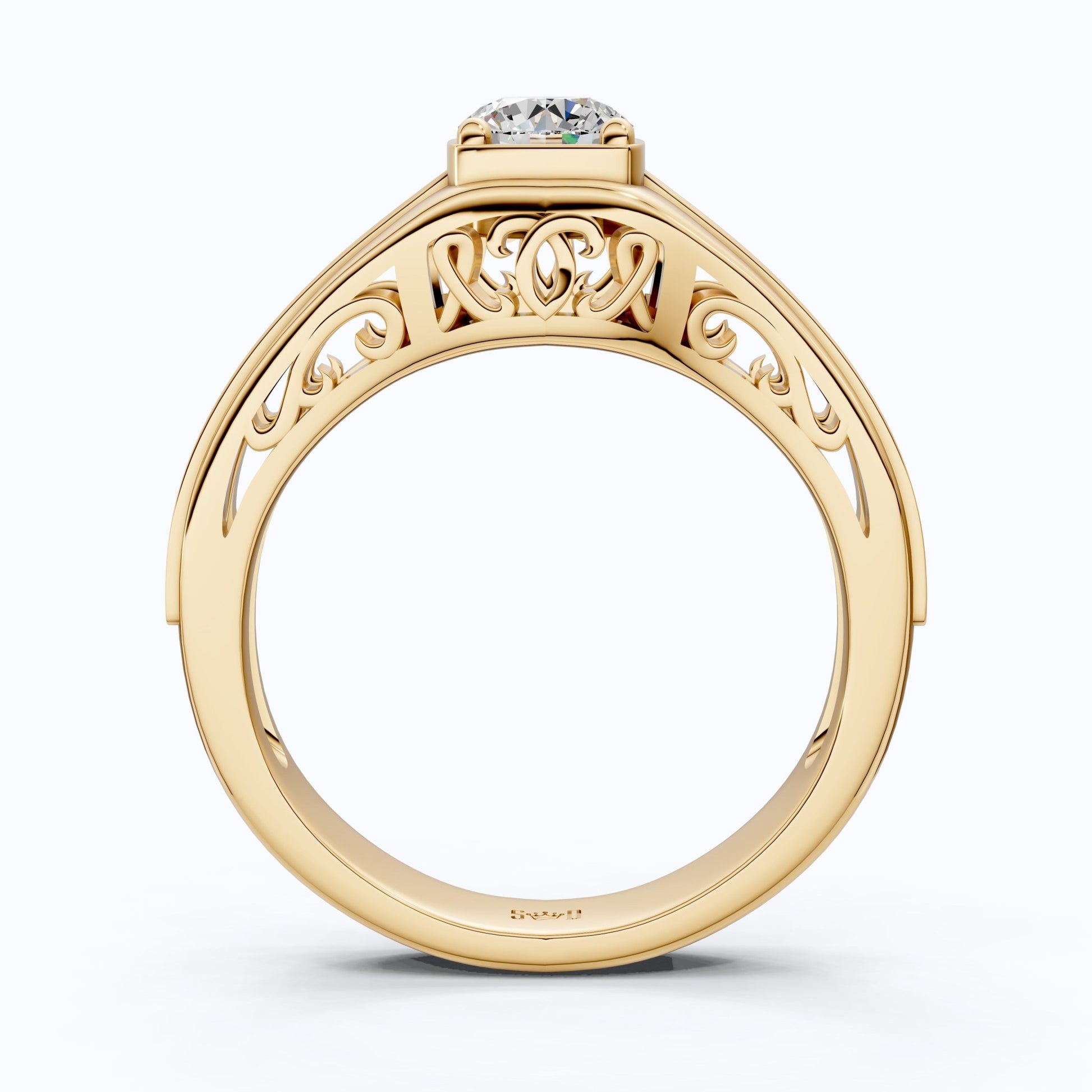 Vintage Scroll Solitaire Ring with Leaf Band Engagement Ring in 14k Solid Gold, 0.50 CT Round Cut Lab Grown Diamond, Handmade Bridal Jewelry - Shoora Designs