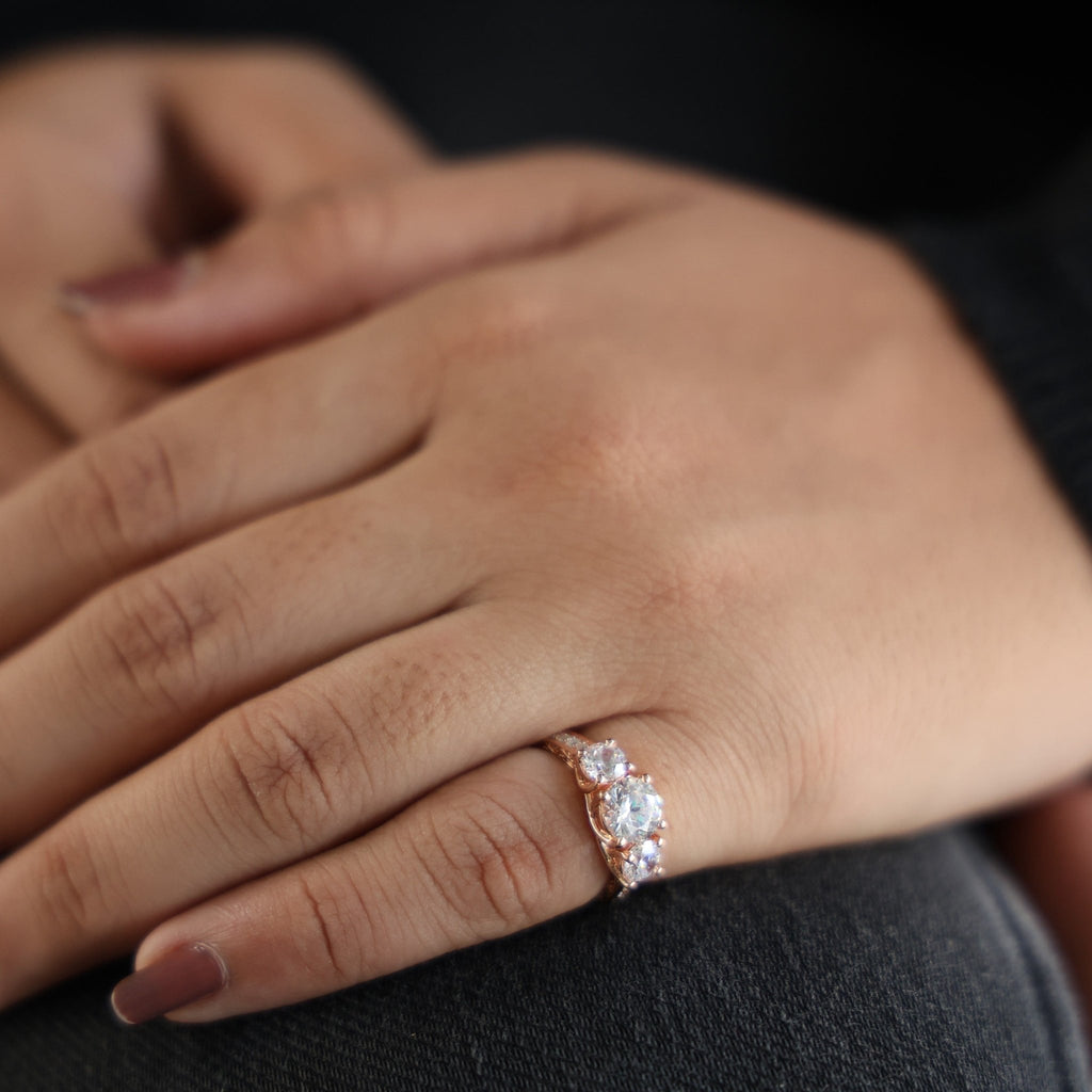 Vintage Three Stone Pave Filigree Engagement Ring in 14k Solid Gold, 1.84 TCW Round Cut Lab Created Diamonds, Everyday Gift for Wife - Shoora Designs