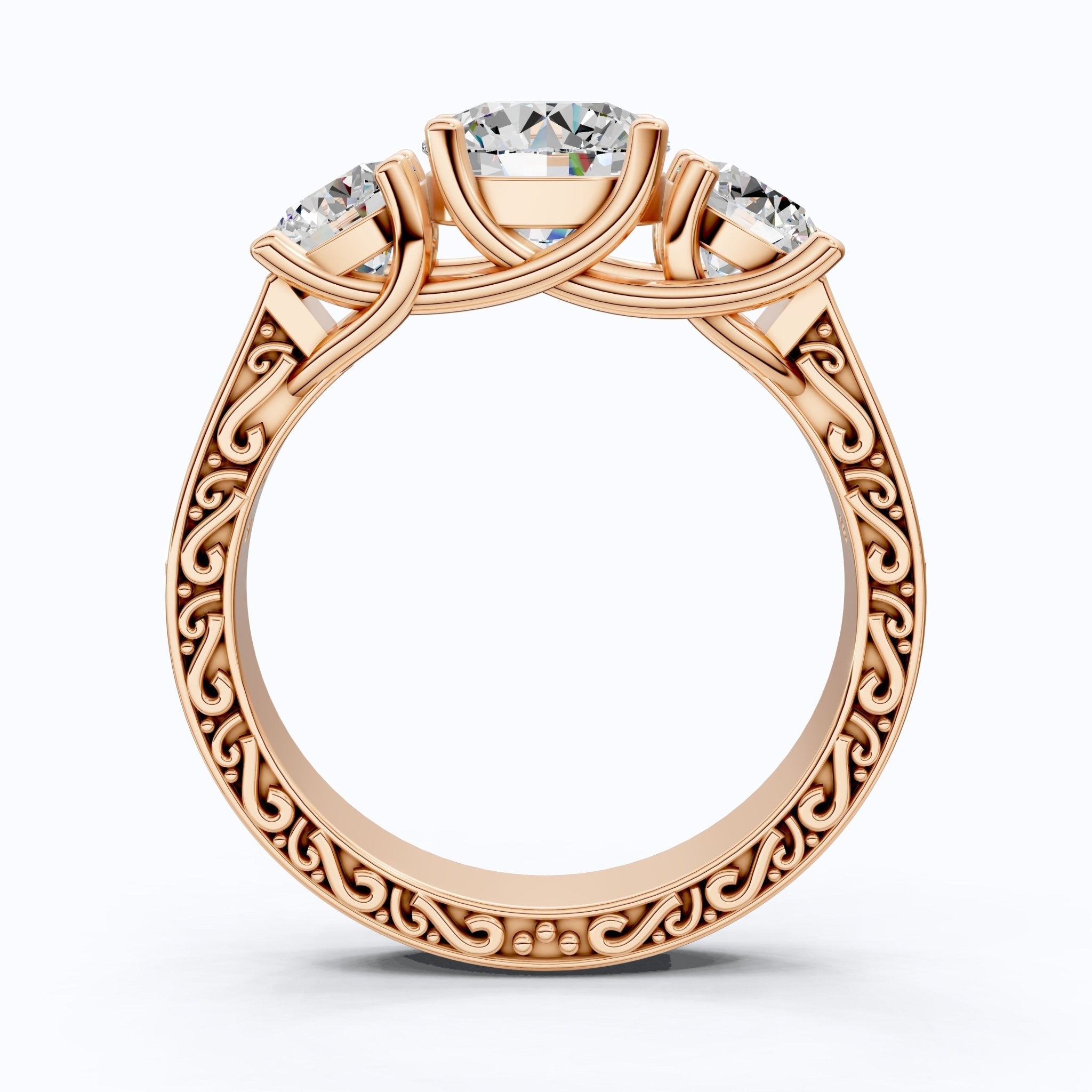 Vintage Three Stone Pave Filigree Engagement Ring in 14k Solid Gold, 1.84 TCW Round Cut Lab Created Diamonds, Everyday Gift for Wife - Shoora Designs