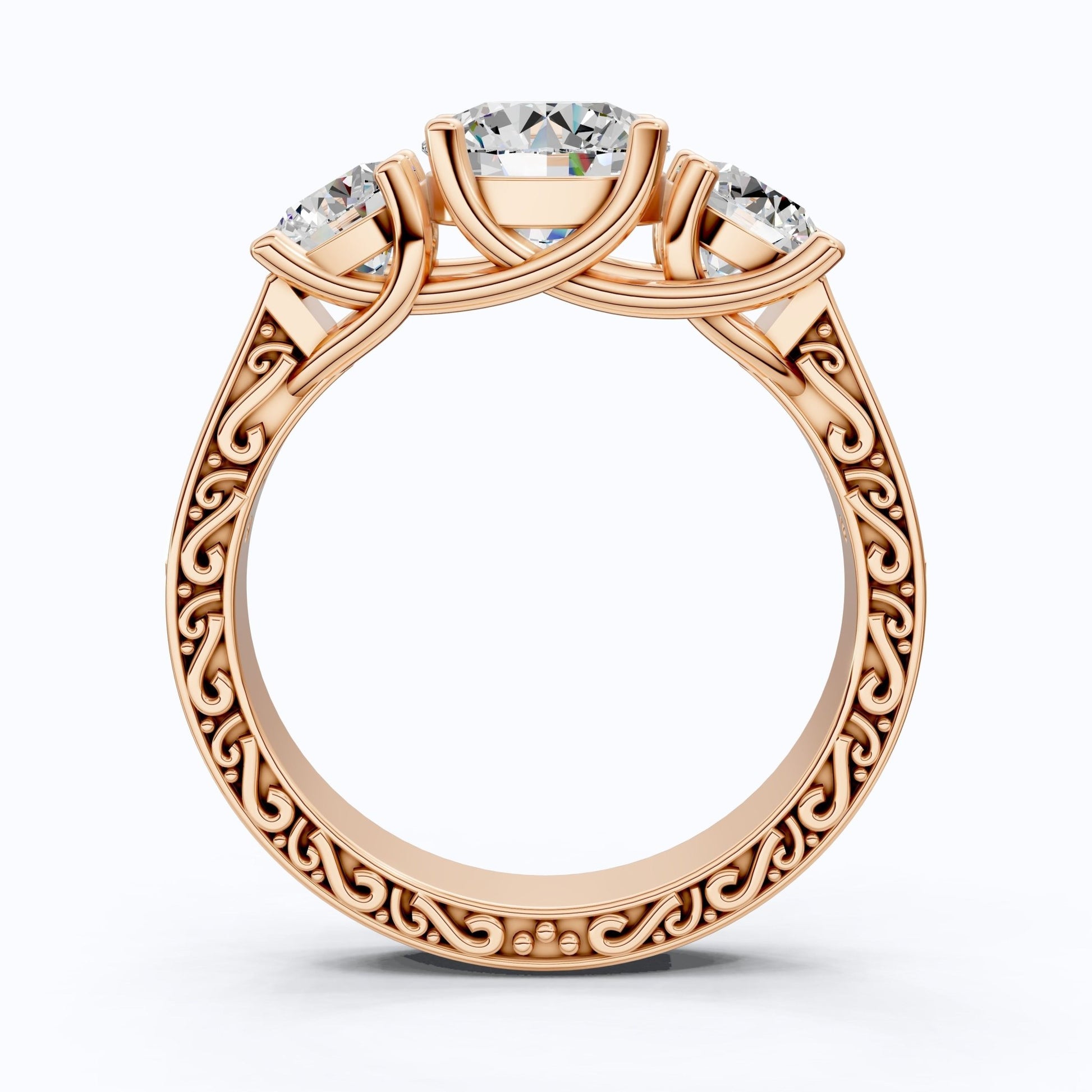 Vintage Three Stone Pave Filigree Engagement Ring in 14k Solid Gold, 1.84 TCW Round Cut Lab Created Diamonds, Everyday Gift for Wife - Shoora Designs