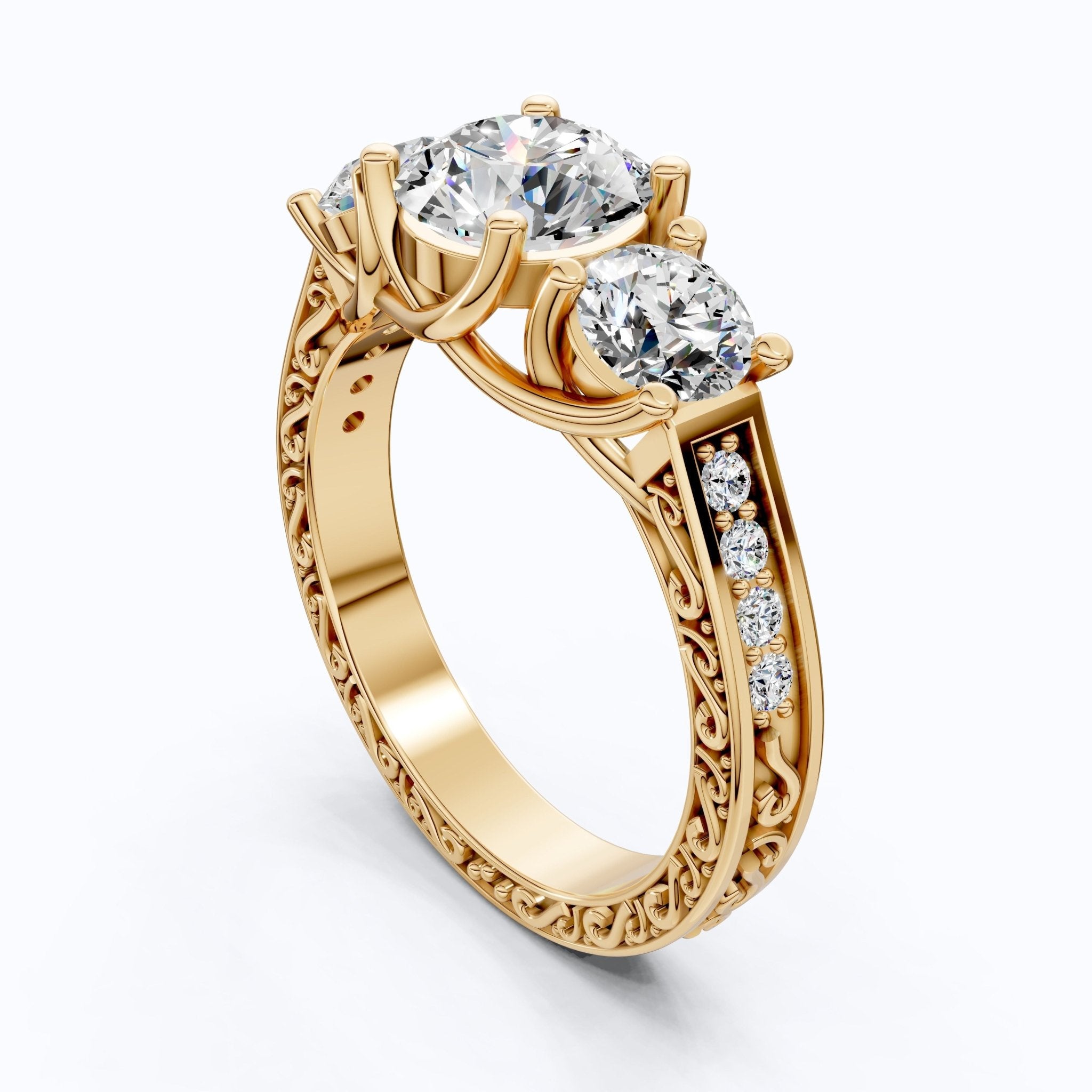 Vintage Three Stone Pave Filigree Engagement Ring in 14k Solid Gold, 1.84 TCW Round Cut Lab Created Diamonds, Everyday Gift for Wife - Shoora Designs