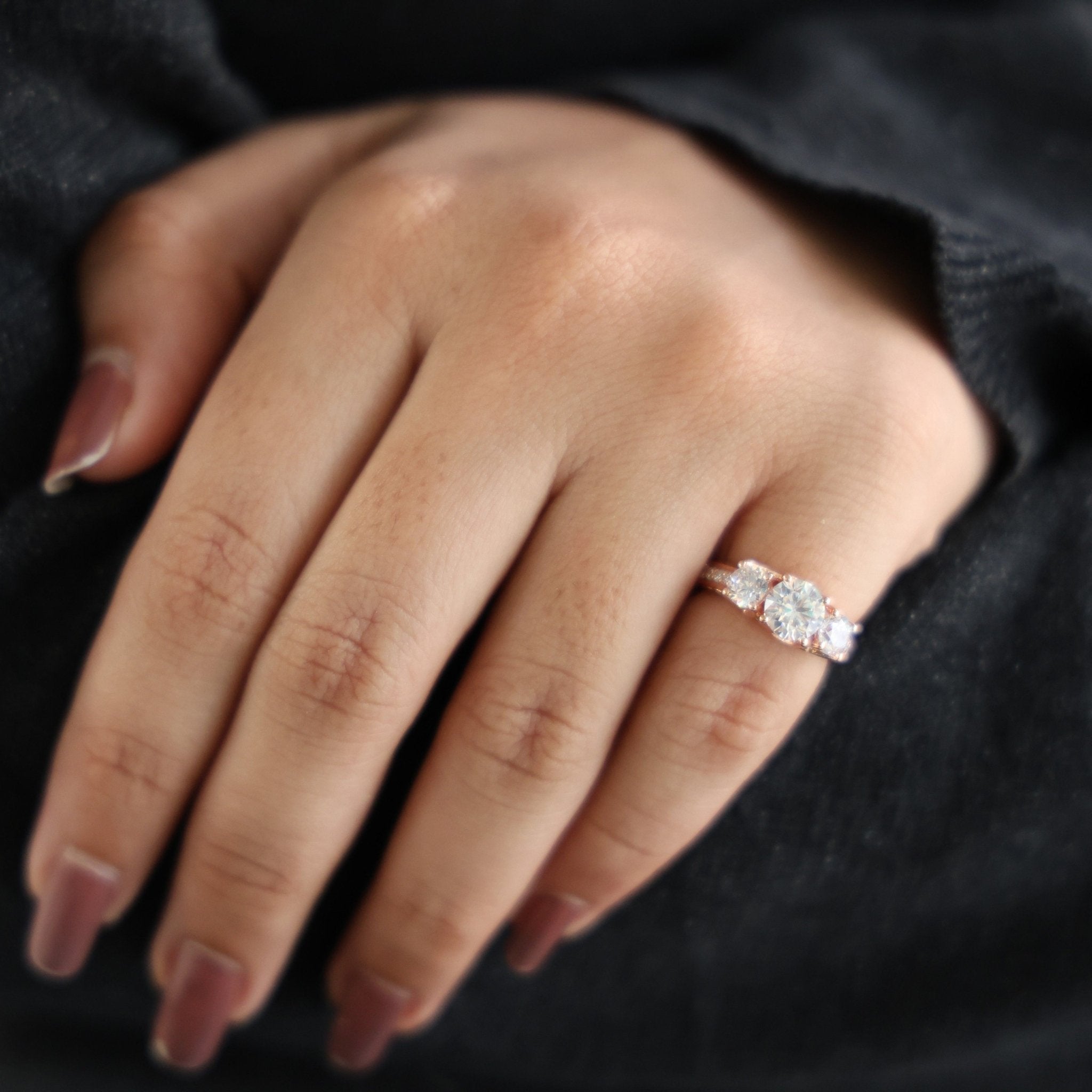 Vintage Three Stone Pave Filigree Engagement Ring in 14k Solid Gold, 1.84 TCW Round Cut Lab Created Diamonds, Everyday Gift for Wife - Shoora Designs