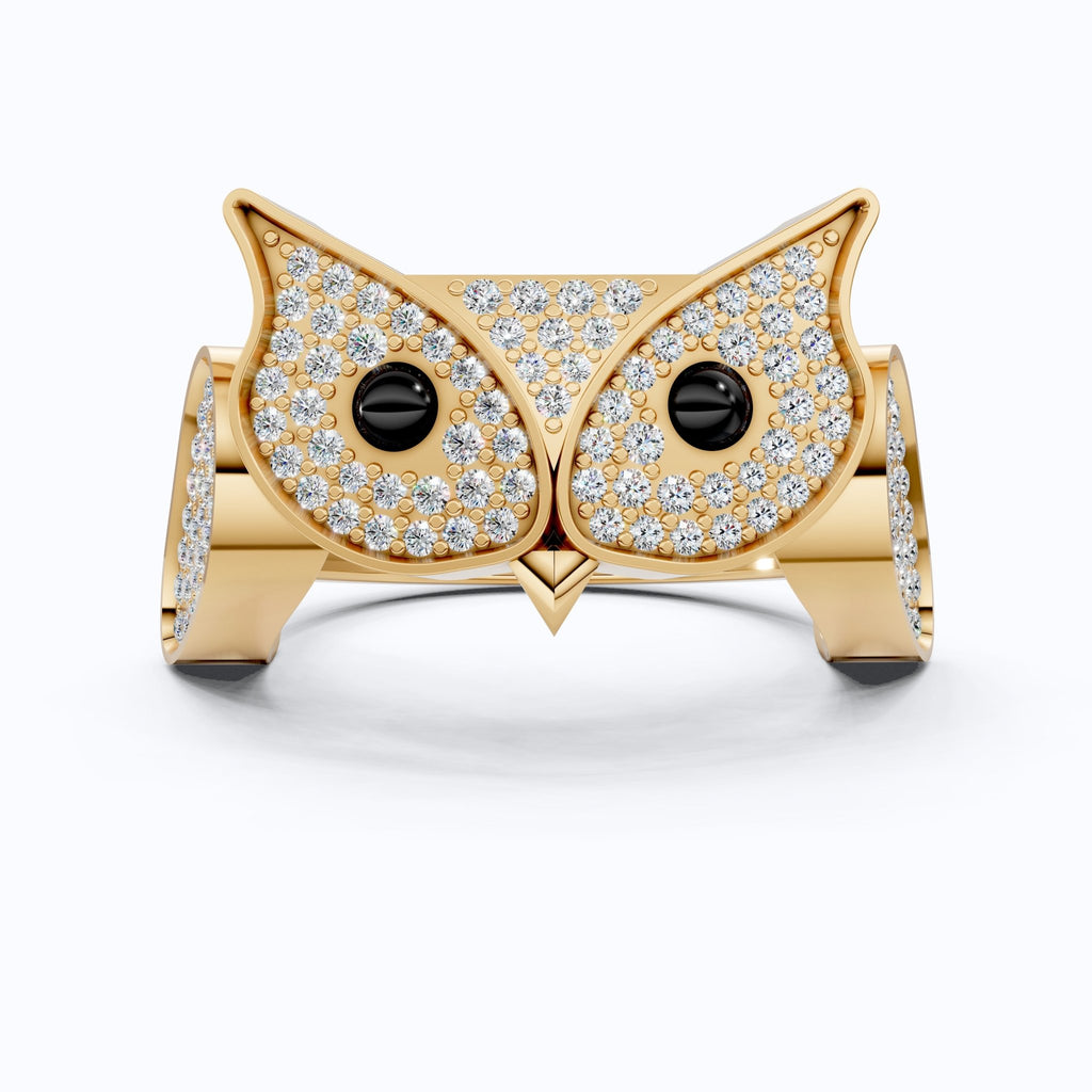 Wide - Band Owl Pavé Face Hip - Hop Statement Ring in Lab Diamond – 14k Solid Gold, Anniversary Gift for Him/Her - Shoora Designs