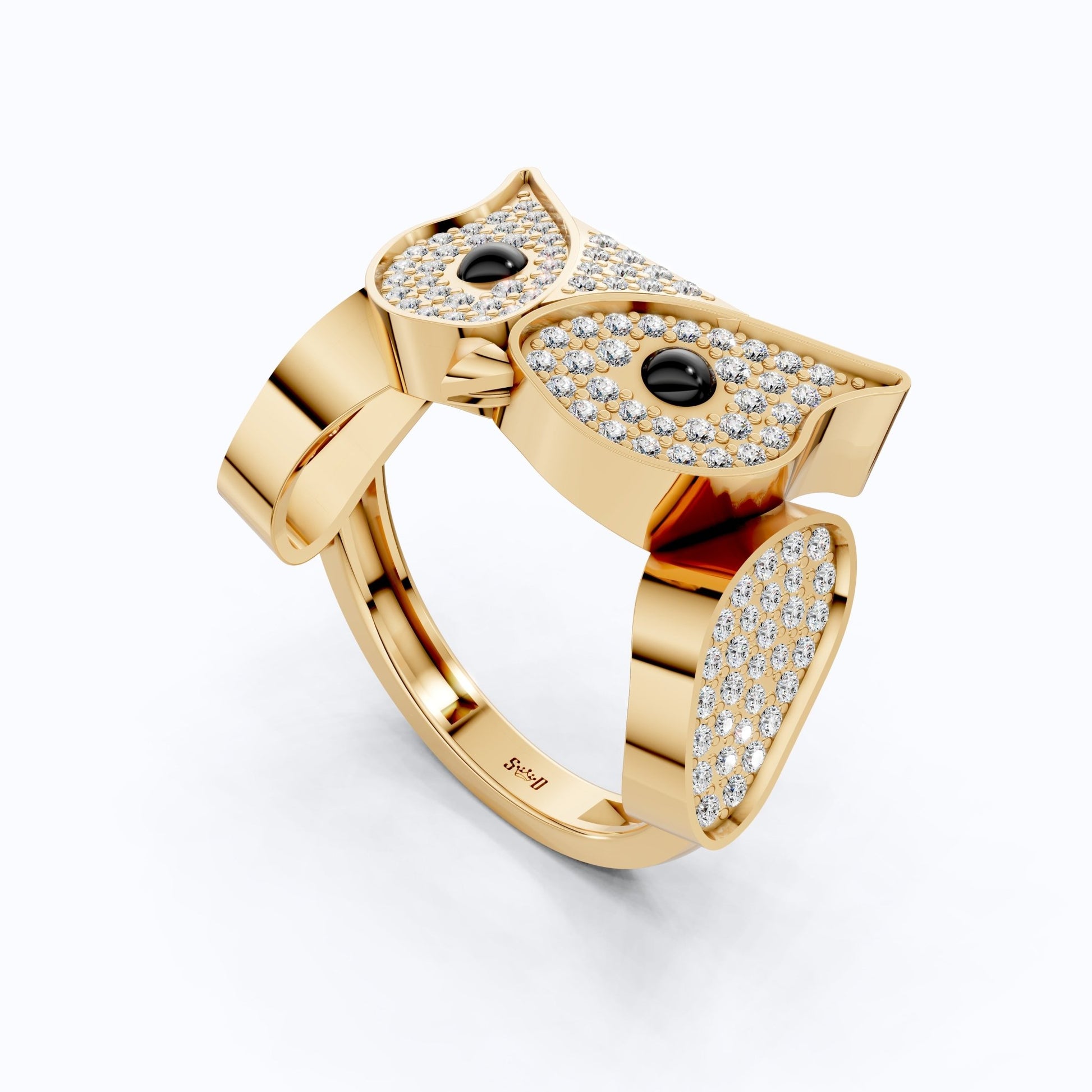 Wide - Band Owl Pavé Face Hip - Hop Statement Ring in Lab Diamond – 14k Solid Gold, Anniversary Gift for Him/Her - Shoora Designs