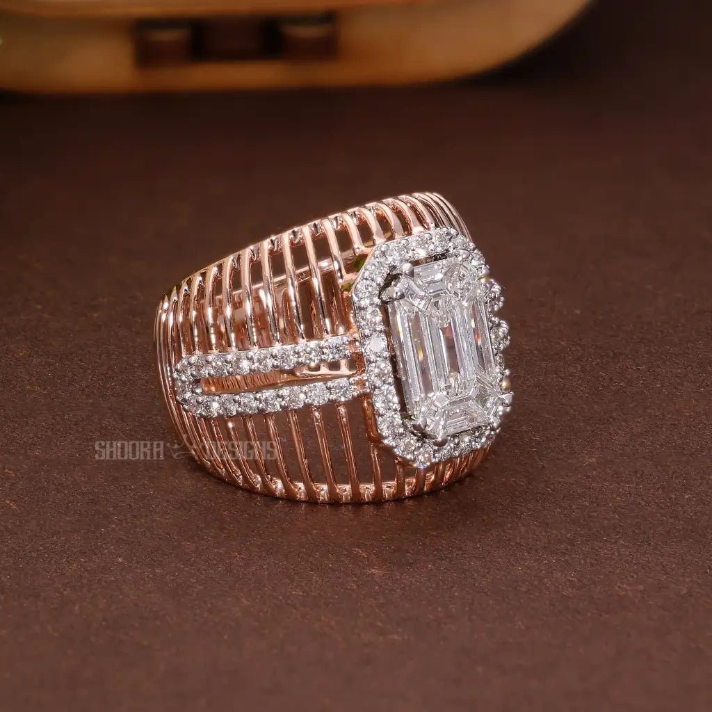 Wide Cage Band Illusion Halo Pave Wedding Ring in 18K Solid Gold, Geometric Illusion Statement Engagement Ring, Anniversary Gift for Wife, Handmade Bridal Jewelry - Shoora Designs