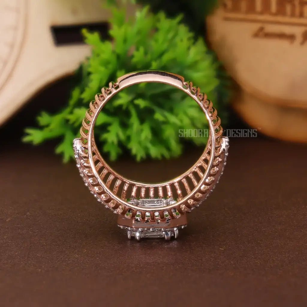 Wide Cage Band Illusion Halo Pave Wedding Ring in 18K Solid Gold, Geometric Illusion Statement Engagement Ring, Anniversary Gift for Wife, Handmade Bridal Jewelry - Shoora Designs