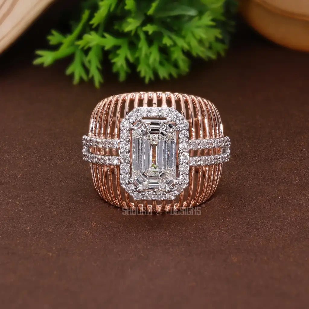 Wide Cage Band Illusion Halo Pave Wedding Ring in 18K Solid Gold, Geometric Illusion Statement Engagement Ring, Anniversary Gift for Wife, Handmade Bridal Jewelry - Shoora Designs