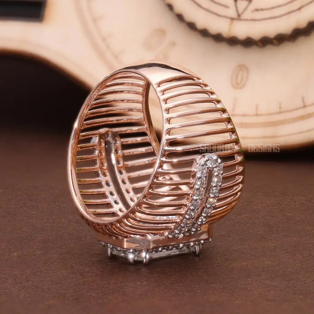 Wide Cage Band Illusion Halo Pave Wedding Ring in 18K Solid Gold, Geometric Illusion Statement Engagement Ring, Anniversary Gift for Wife, Handmade Bridal Jewelry - Shoora Designs