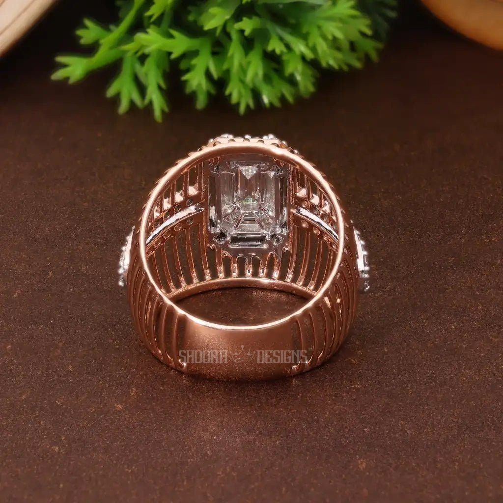 Wide Cage Band Illusion Halo Pave Wedding Ring in 18K Solid Gold, Geometric Illusion Statement Engagement Ring, Anniversary Gift for Wife, Handmade Bridal Jewelry - Shoora Designs