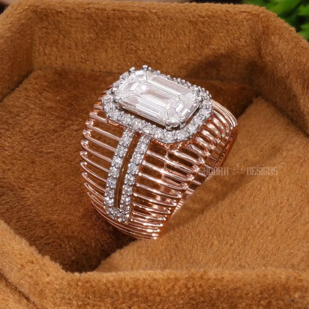 Wide Cage Band Illusion Halo Pave Wedding Ring in 18K Solid Gold, Geometric Illusion Statement Engagement Ring, Anniversary Gift for Wife, Handmade Bridal Jewelry - Shoora Designs